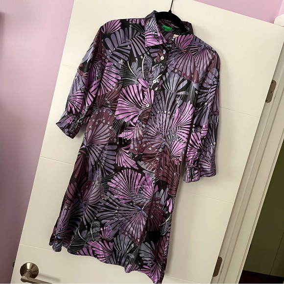 BENETTON purple print dress—cool botanical print silky tunic medium women’s - Picture 3 of 7